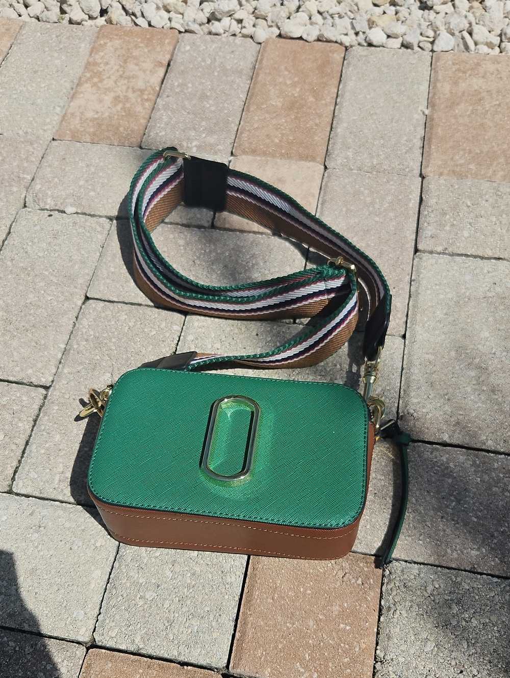 Women's Green and Brown Crossbody Camera Bag with Striped Strap